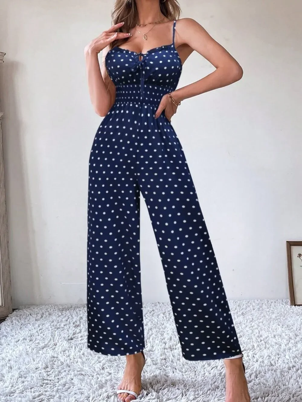 Women's Casual Polka Dot Print Front Tie Jumpsuit
